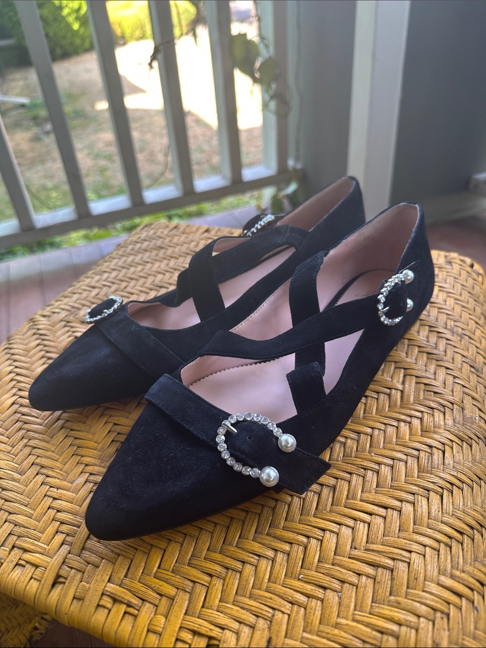 J.Crew Black Suede Marina Crisscross Pearl Buckle Flats - Size 11 EXCELLENT